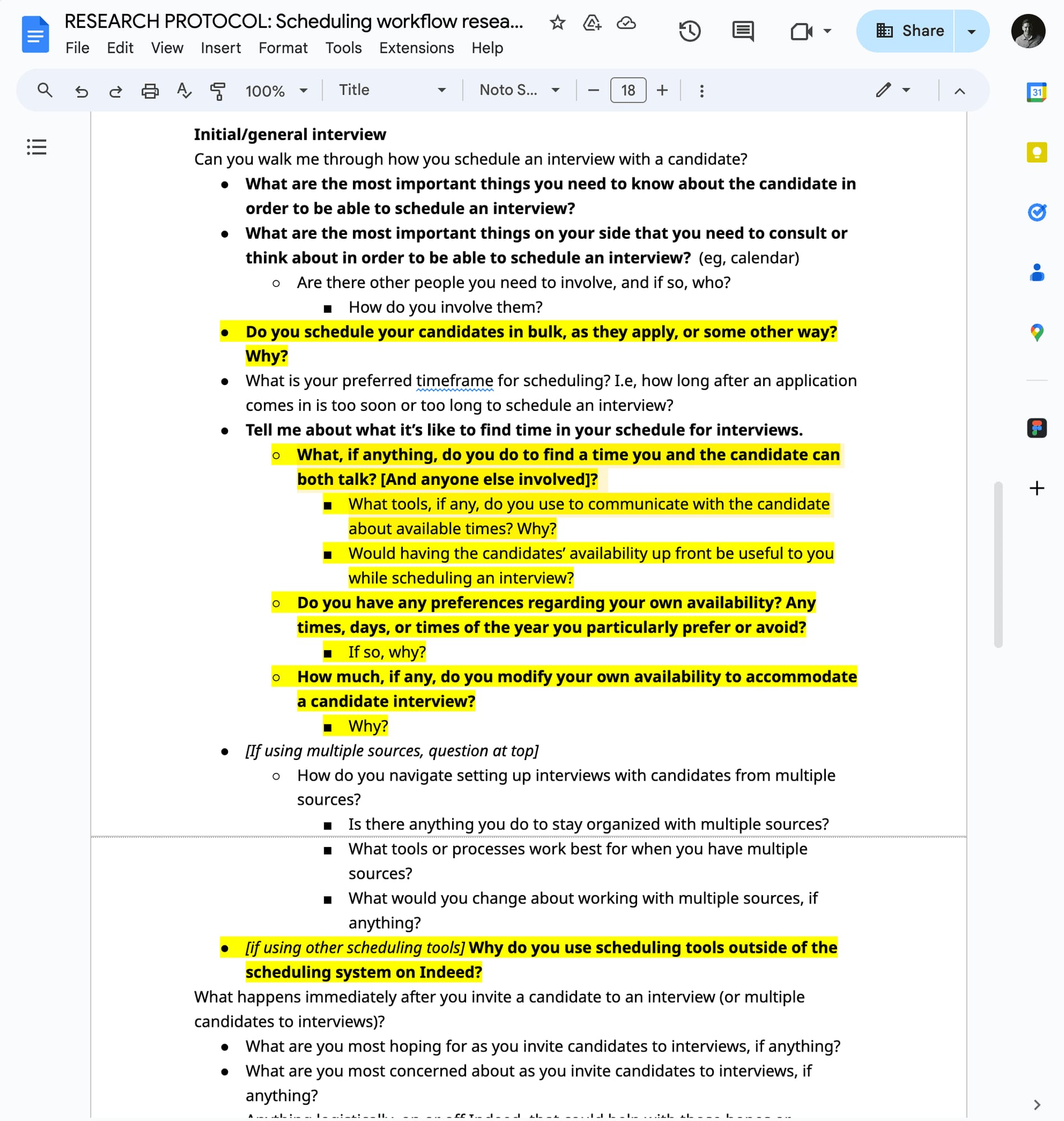 Google Docs page showing a research protocol document with interview questions about scheduling workflows.
