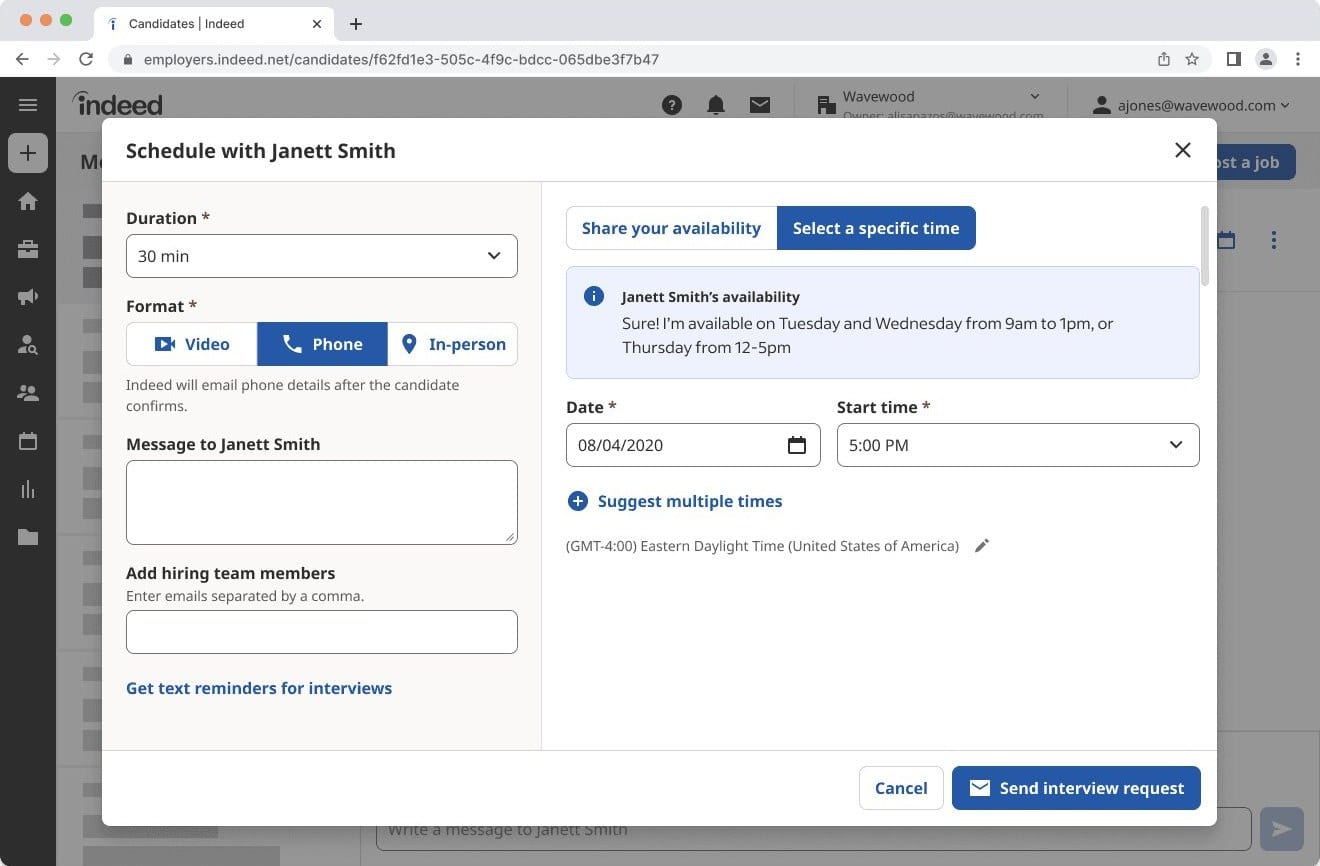 A scheduling dialog for Indeed showing a form to book an interview with Janett Smith.