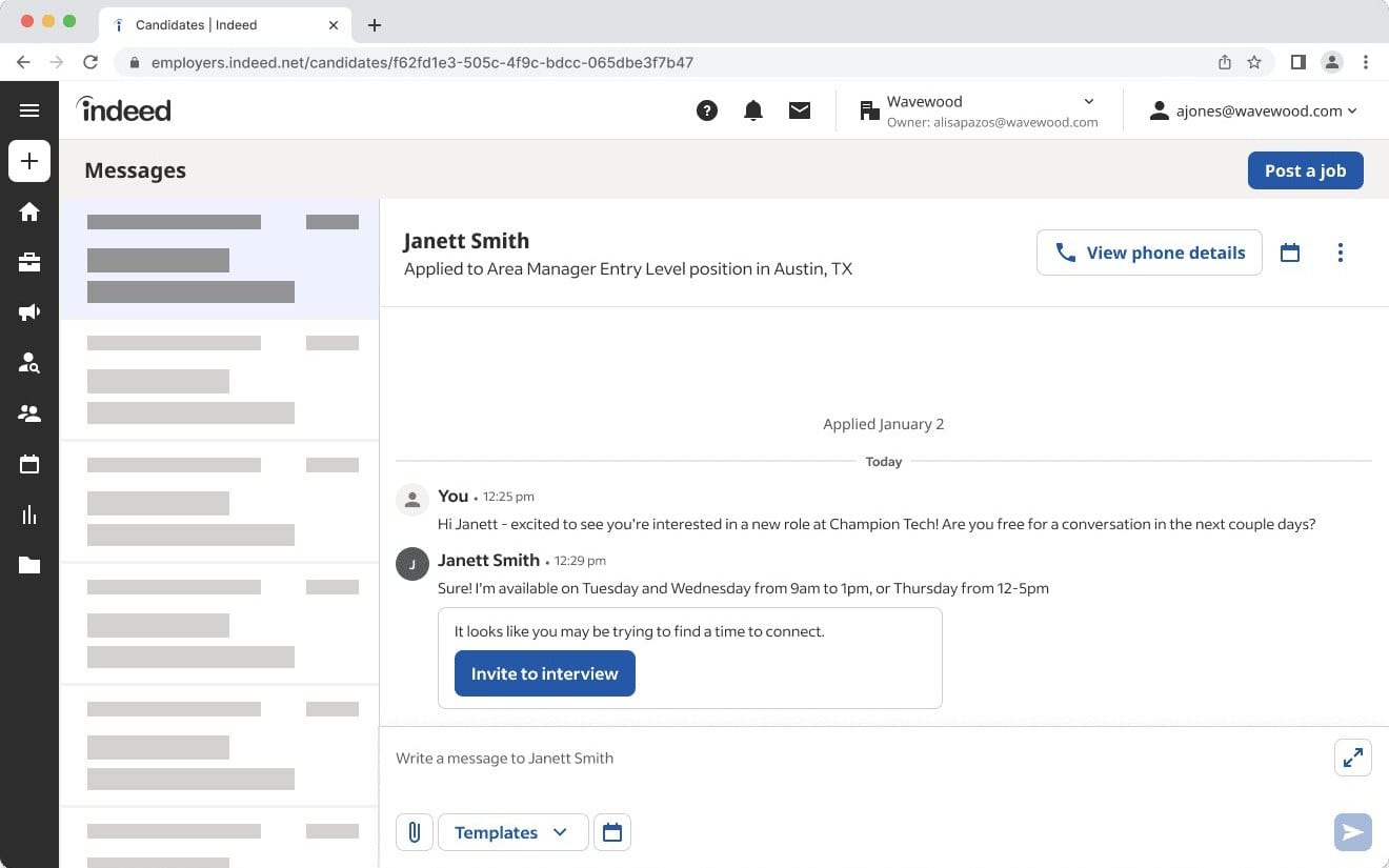 Indeed employer dashboard showing a messaging conversation with candidate Janett Smith who applied for an Area Manager Entry Level position in Austin, TX.