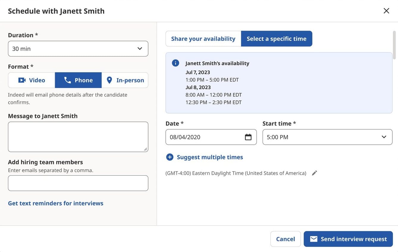 Scheduling interface for a 30-minute phone interview with Janett Smith. Left side shows format options (video, phone, in-person selected), message field, and hiring team options.