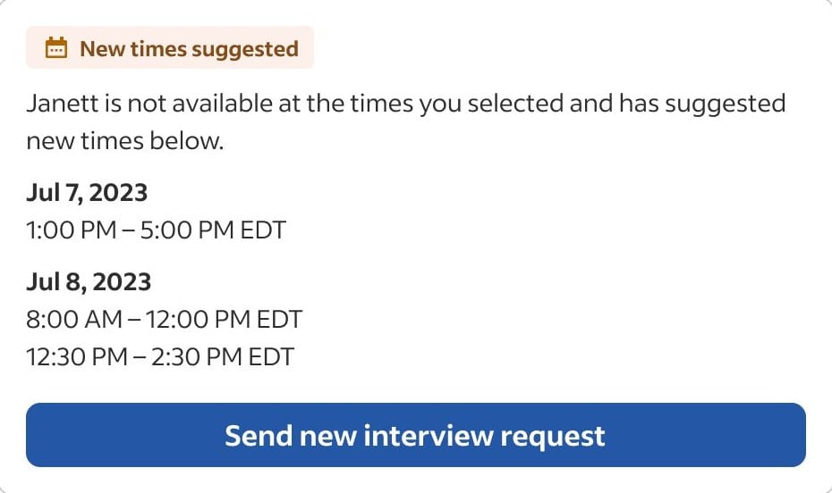 A scheduling interface showing that Janett is unavailable at selected times and has suggested alternatives.
